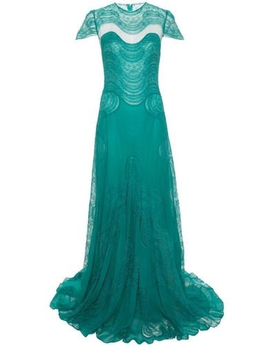 Costarellos Floral-Lace Silk Maxi Dress - Green