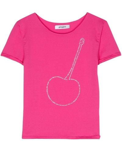 GIMAGUAS Cherry Shiny Rhinestone-Embellished T-Shirt - Pink