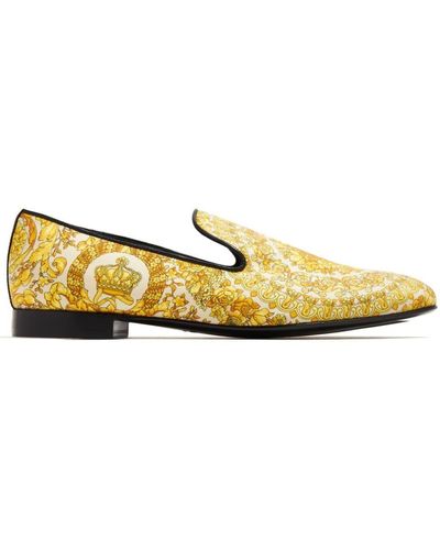 Versace Barocco-Print Silk Loafers - Yellow