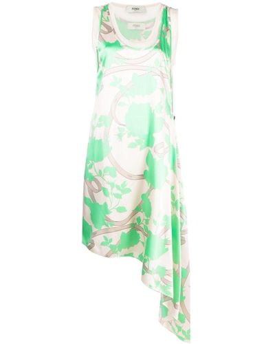 Fendi Floral-Motif Draped Silk Dress - Green