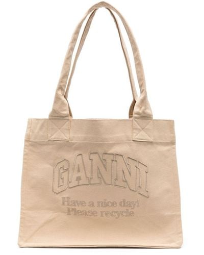 Ganni Logo-Embroidered Canvas Tote Bag - Natural