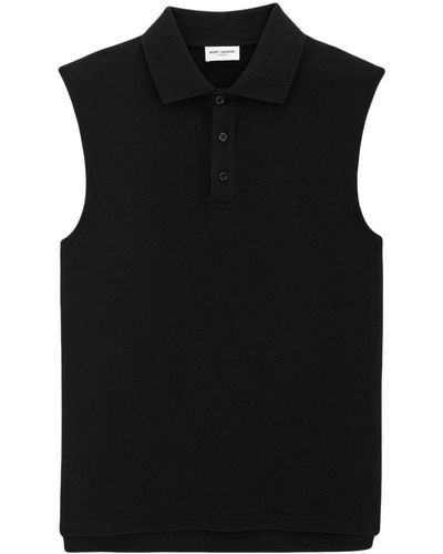 Saint Laurent Cassandre-Embroidered Sleeveless Polo Shirt - Black