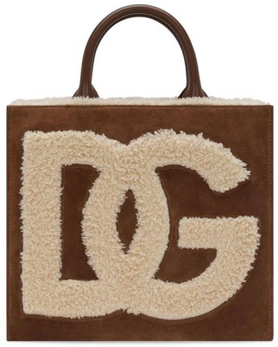 Dolce & Gabbana Logo-Embroidered Shearling-Detail Bag - Brown