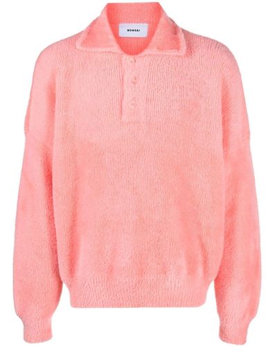 Bonsai Logo-Patch Brushed-Effect Polo Sweater - Pink