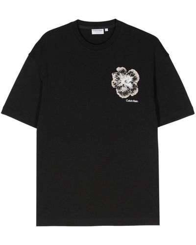Calvin Klein Floral-Embroidered T-Shirt - Black