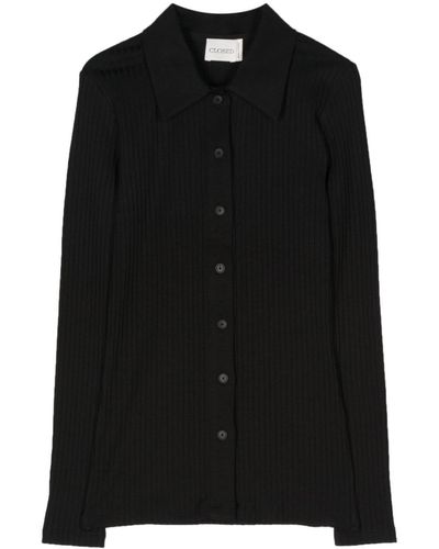 Closed Single-Breasted Ribbed Polo Top - Black