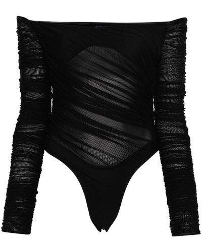 Mugler Off-Shoulder Mesh Bodysuit - Black