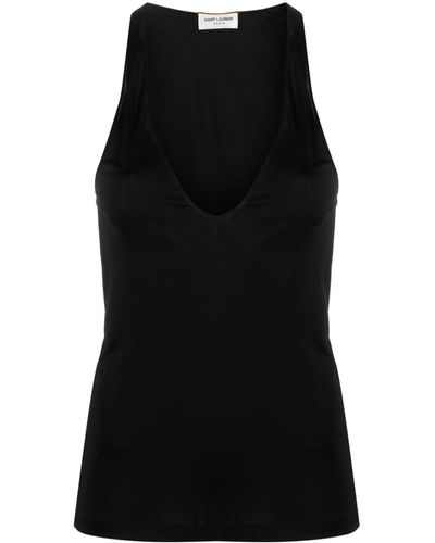 Saint Laurent Plunging Satin Tank Top - Black