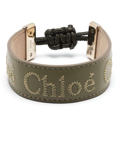 Chloé Embroidered-Logo Leather Bracelet - Green