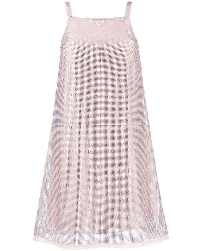 Prada Rhinestone-Embellished Mesh Minidress - Pink