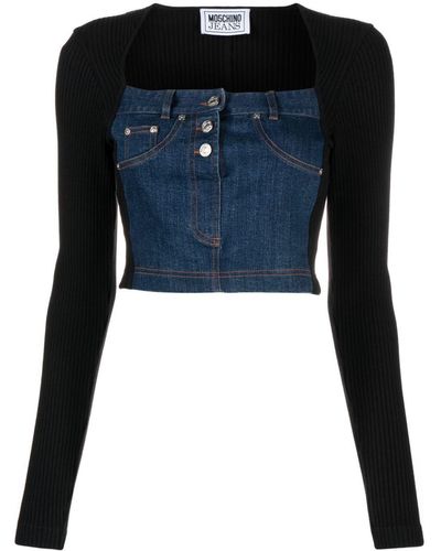 Moschino Jeans Paneled Denim Knitted Crop Top - Blue