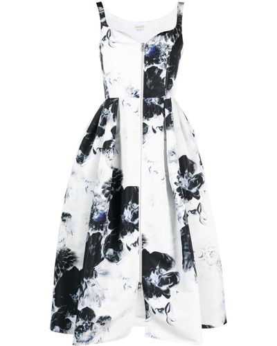 Alexander McQueen Chiaroscuro-Print Midi Dress - White