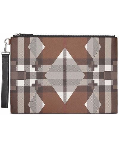 Burberry Large Geometric Check Zip Pouch - Brown