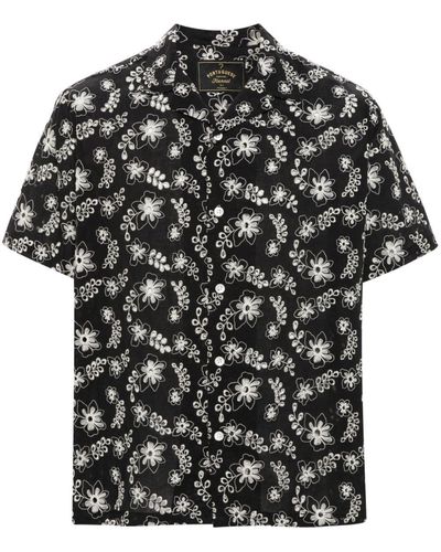 Portuguese Flannel Floral-Embroidery Cotton Shirt - Black