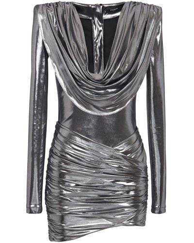 Balmain Cowl-Neck Lamé Mini Dress - Grey