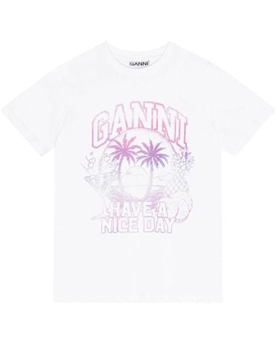 Ganni Logo-Print Cotton T-Shirt - White