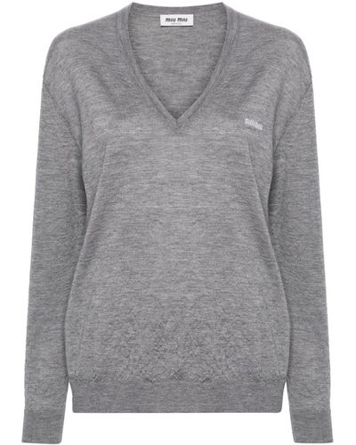 Miu Miu Logo-Embroidered Cashmere Jumper - Grey