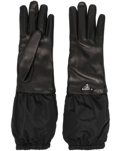 Prada Enamel-Logo Leather Gloves - Black