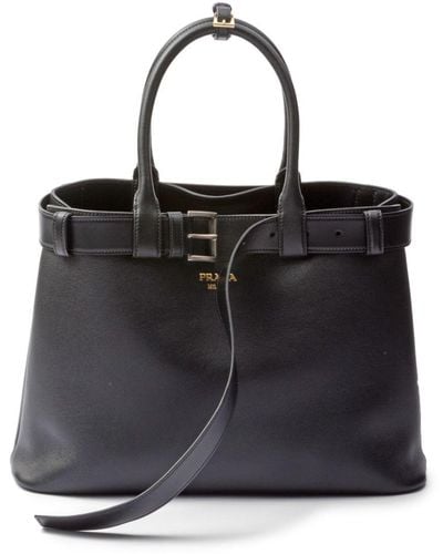 Prada Large Belted Leather Handbag - Black