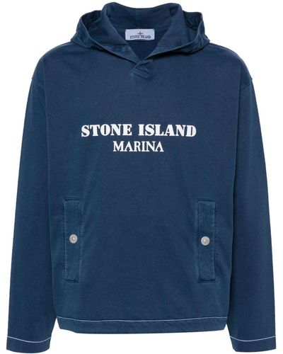 Stone Island Logo-Print Cotton Hoodie - Blue