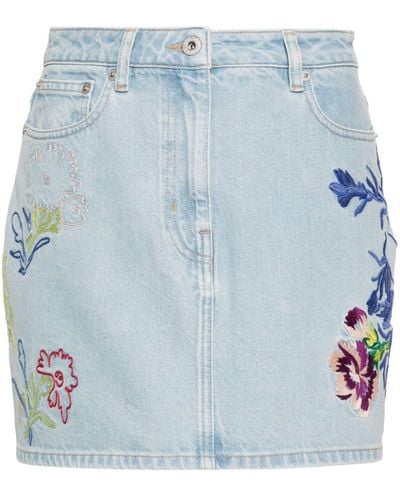 KENZO Floral-Embroidered Denim Mini Skirt - Blue