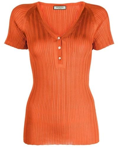 DURAZZI MILANO Button-Up Ribbed Knit Silk Top - Orange