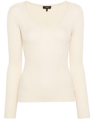 Theory Fine-Ribbed V-Neck Jumper - Natural