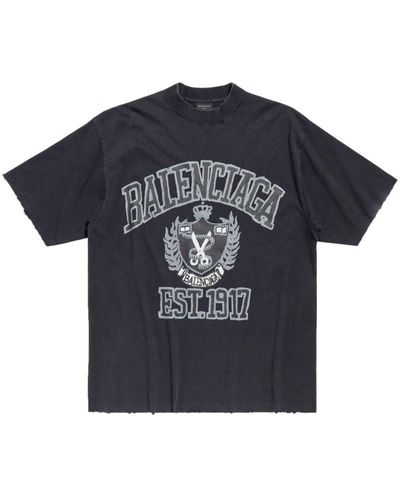 Balenciaga Graphic-Print Cotton T-Shirt - Blue