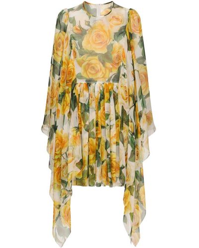 Dolce & Gabbana Silk Chiffon Rose-Print Dress - Yellow