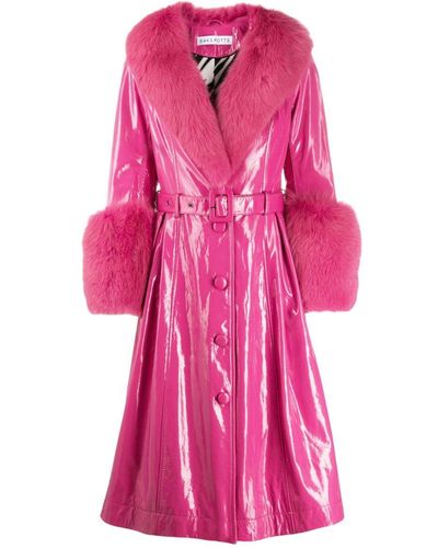 Saks Potts Long Belted Patent Leather Coat With Fox Fur Trimming - Pink