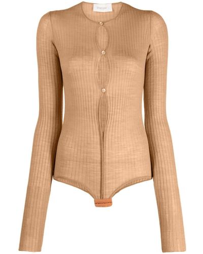 Sportmax Ribbed-Knit Button-Up Bodysuit - Natural
