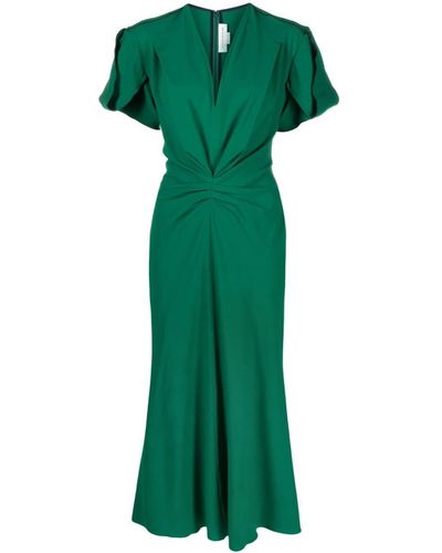 Victoria Beckham V-Neck Gathered Midi Dress - Green