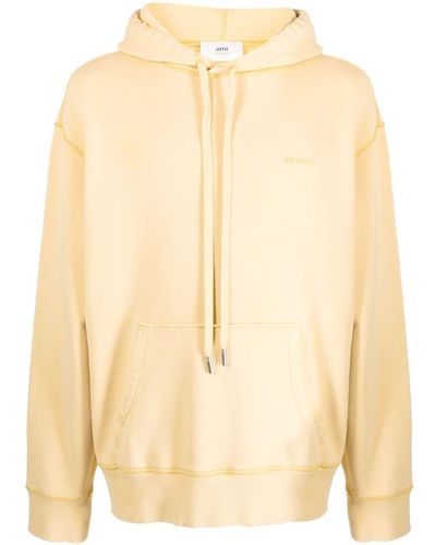 Ami Paris Logo-Embroidered Cotton Hoodie - Natural
