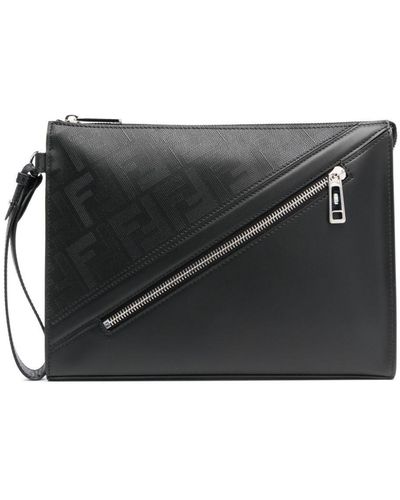 Fendi Shadow Diagonal Leather Clutch Bag - Black