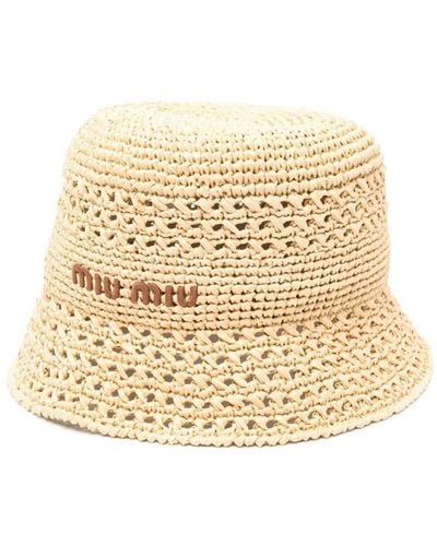 Miu Miu Embroidered-Logo Raffia Bucket Hat - Natural
