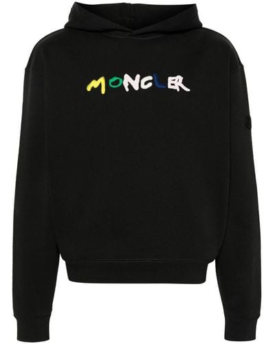 Moncler Logo-Embroidered Cotton Hoodie - Black