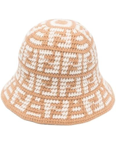 Fendi Knitted Logo-pattern Bucket Hat - Natural
