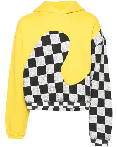 ERL Check-Pattern Panelled Cotton Hoodie - Yellow
