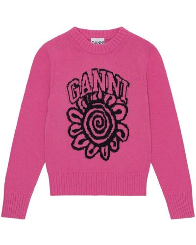 Ganni Floral-Motif Crew-Neck Jumper - Pink