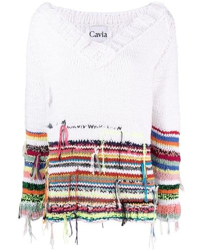 CAVIA Frayed-Detail Knitted Sweater - White