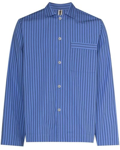 Tekla Striped Poplin Pajama Shirt - Blue