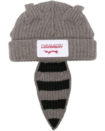 Charles Jeffrey Knitted Raccoon-tail Beanie Hat - Grey