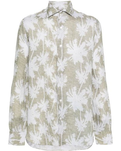 Barba Napoli Palm-Tree Print Linen Shirt - Grey