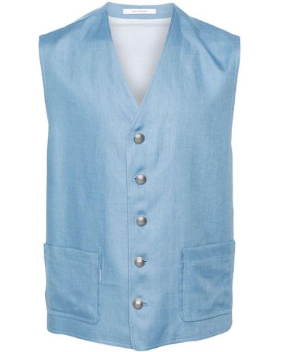 Tagliatore V-Neck Linen Waistcoat - Blue