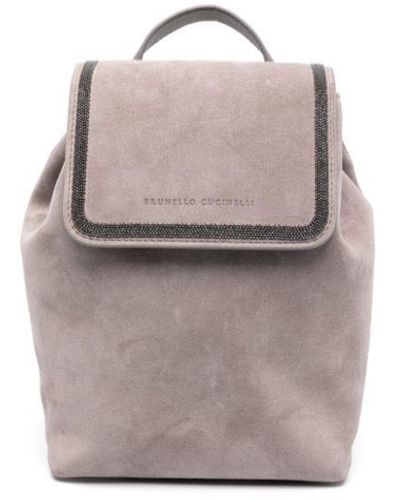 Brunello Cucinelli Beaded Suede Backpack - Gray