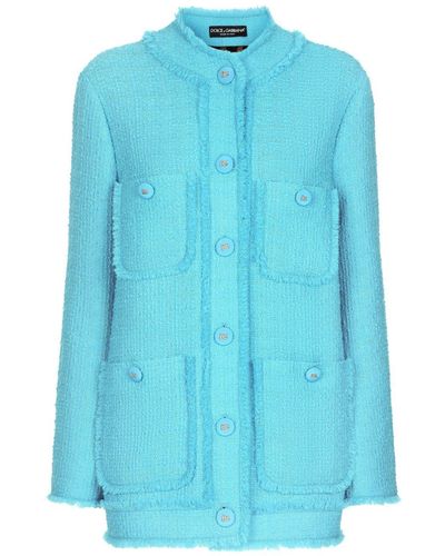 Dolce & Gabbana Round-Neck Buttoned Tweed Jacket - Blue