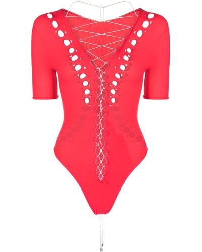 Poster Girl Cut-Out Lace-Up Bodysuit - Red