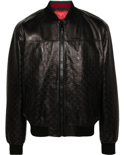 Gucci Monogram-debossed Relaxed-fit Leather Bomber Jacket - Black