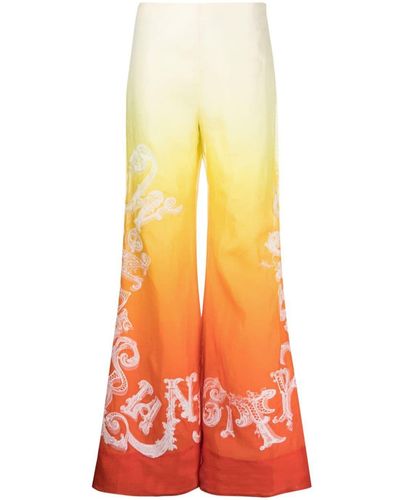 Zimmermann Printed Linen And Silk-blend Flared Trousers - Orange