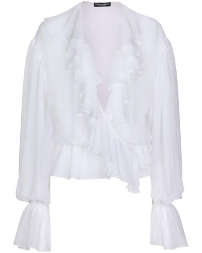 Dolce & Gabbana Ruffled-Trim Silk Cropped Blouse - White